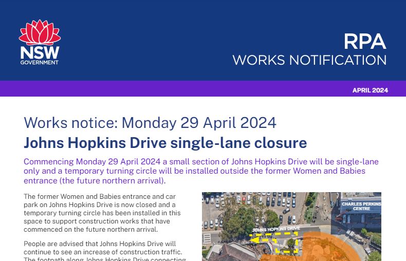 29 April 2024 - Johns Hopkins Drive single-lane closure